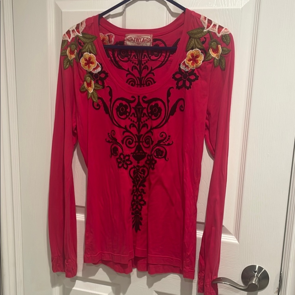Johnny Was Red Embroidered Long Sleeve Top